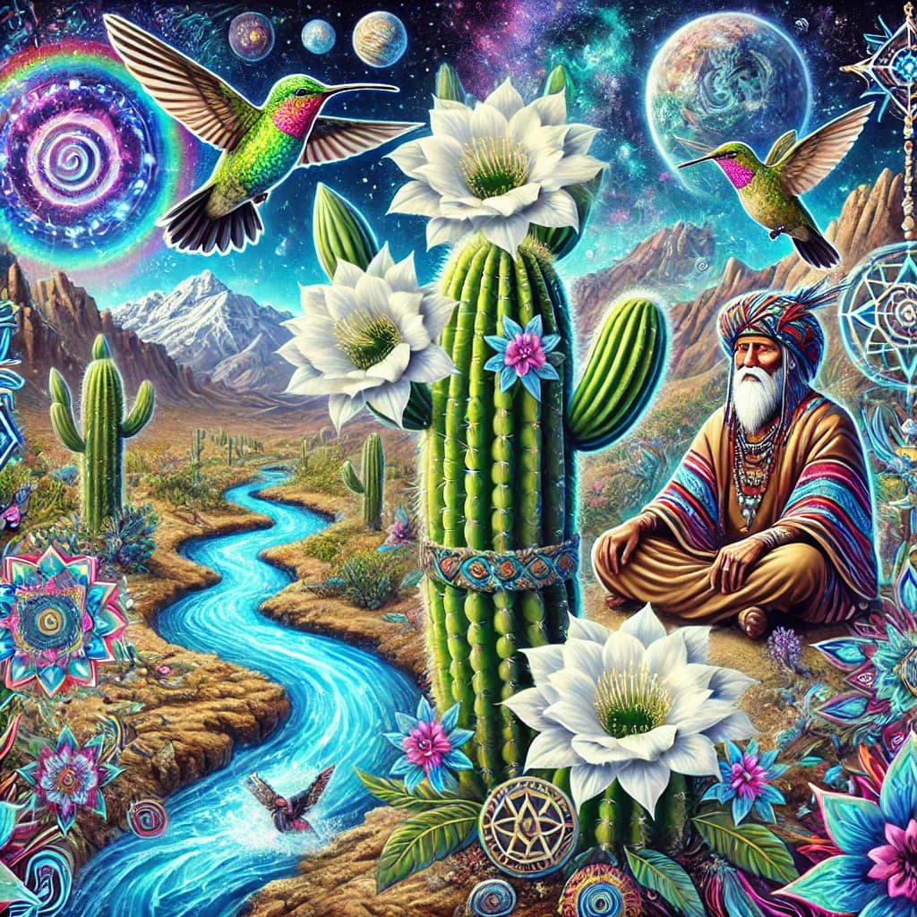 Artwork of the San Pedro (Huachuma) grandfather spirit beside a blooming cactus, compared with Ayahuasca