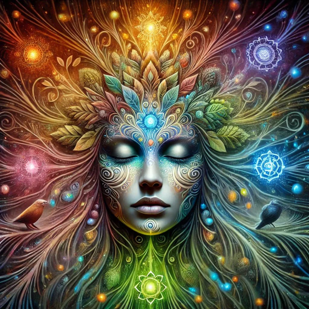 Visionary artwork of a serene face surrounded by plant spirits, representing Mother Ayahuasca