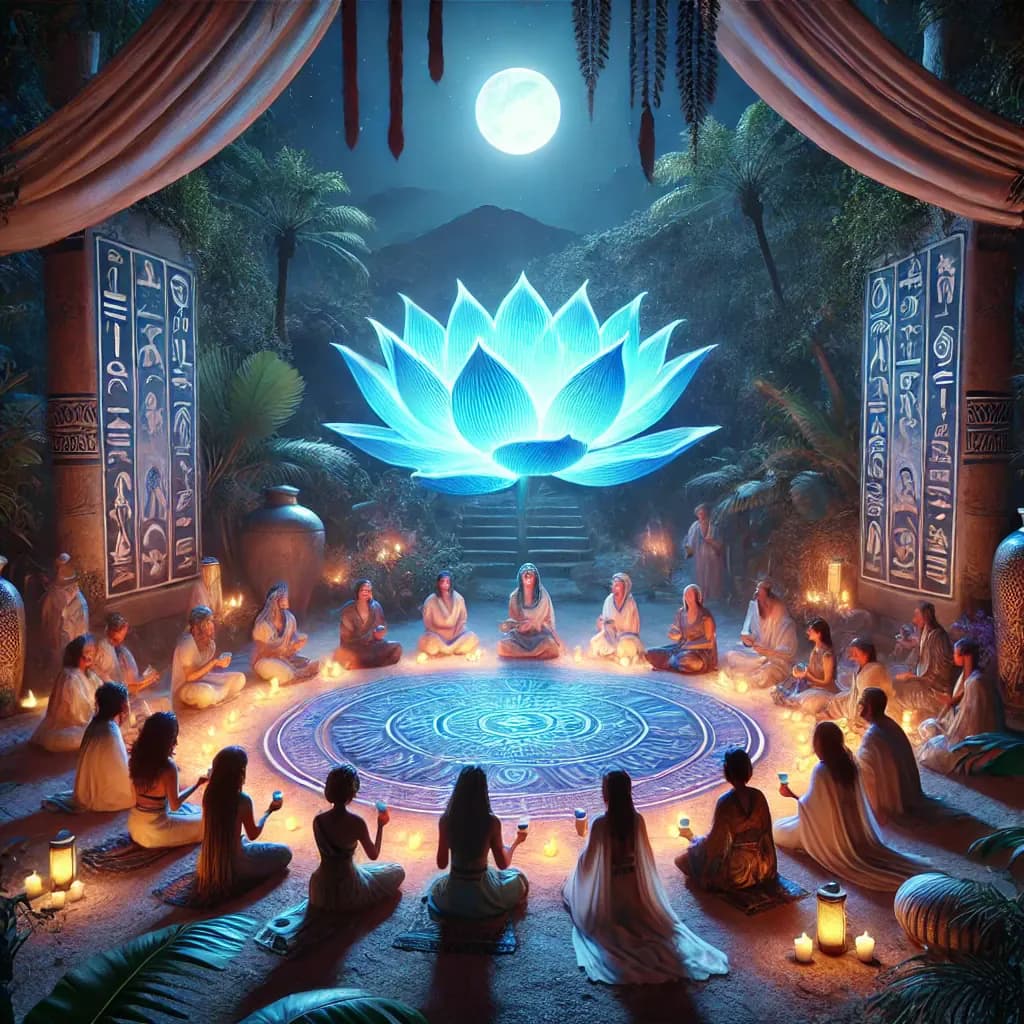 Artwork of a glowing blue lotus above a meditating circle under the moon