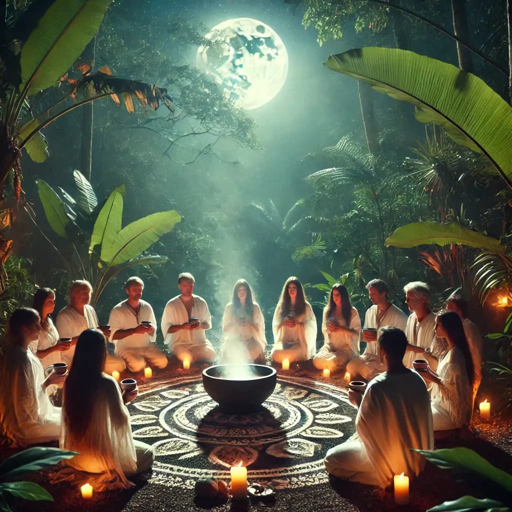 Artwork of a candle-lit cacao ceremony circle in a moonlit forest