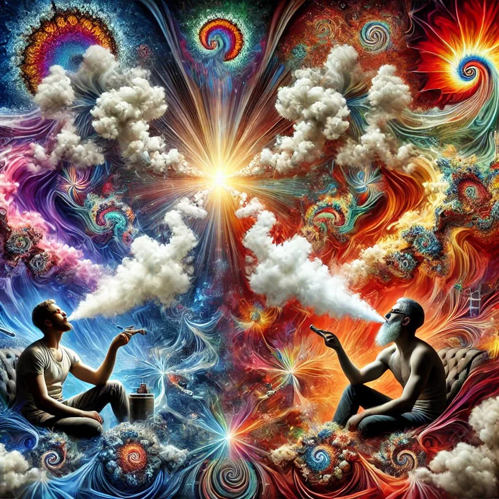 Vibrant artwork of two people exhaling clouds that morph into visionary patterns