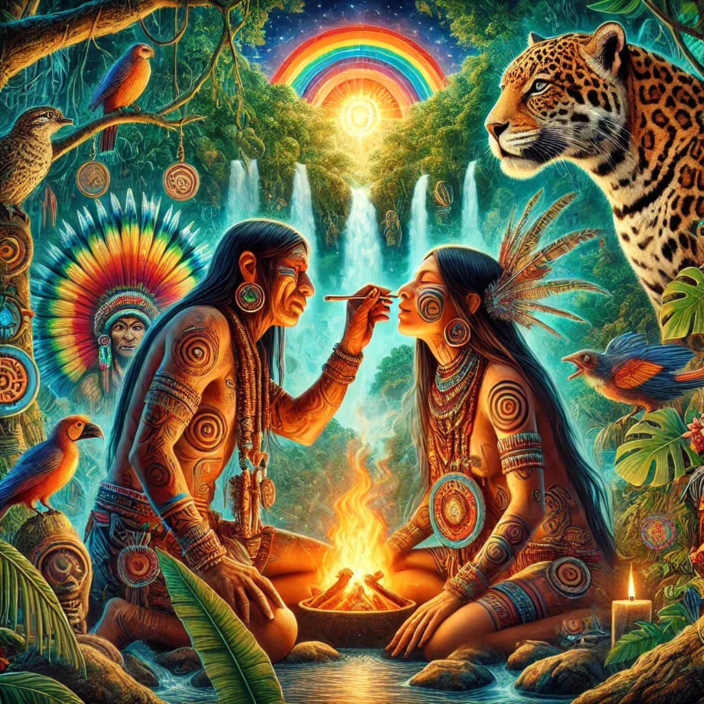 Artwork of two Indigenous people sharing Hapé with a ceremonial applicator