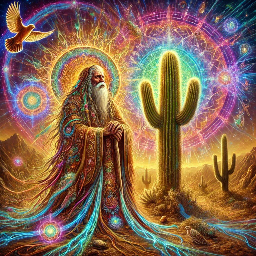 Artwork of a wise grandfather figure beside a San Pedro cactus