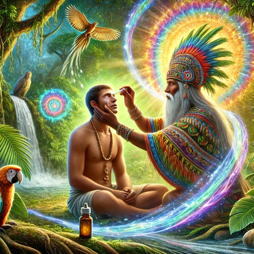 Artwork of a shaman administering Sananga eye drops in the rainforest