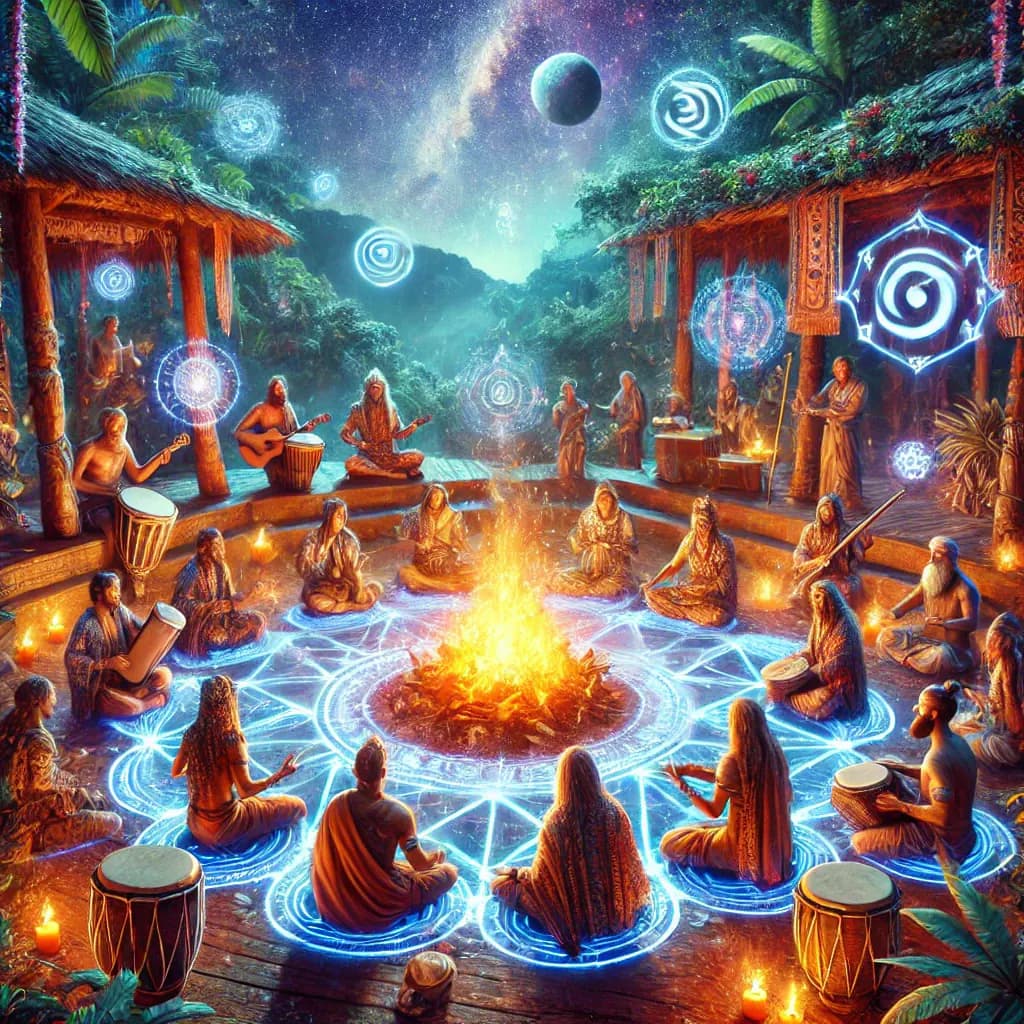 Artwork of a ceremony circle chanting mantras with drums around a fire