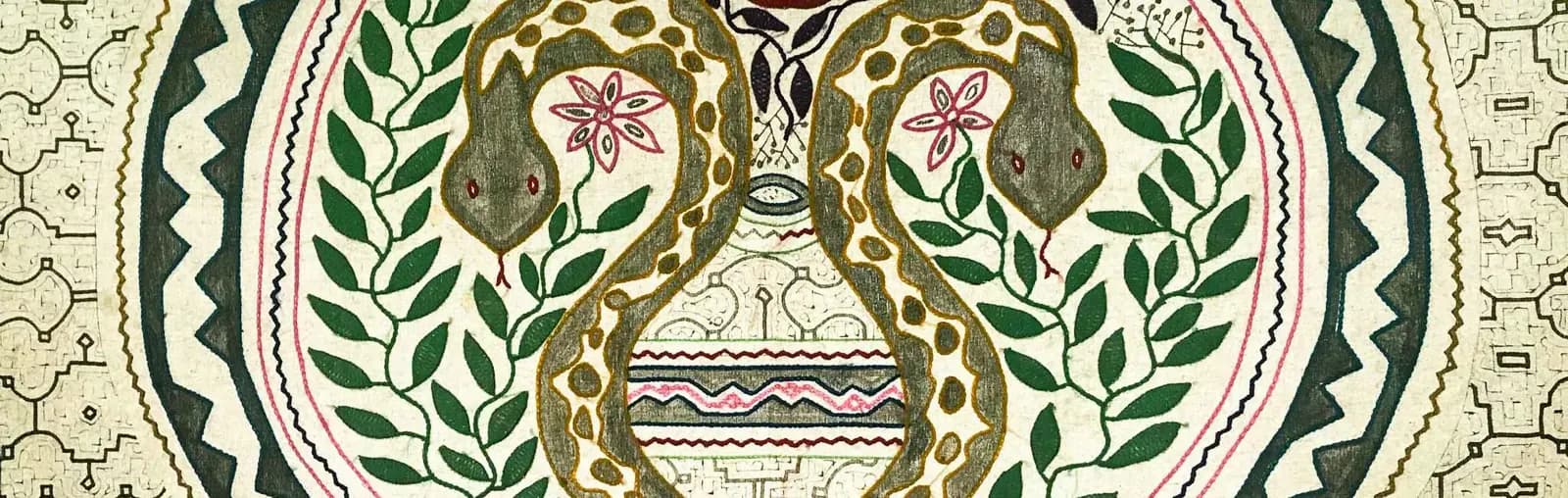 Shipibo kené artwork with plant spirits — the visual form of the icaros sung in Ayahuasca ceremonies